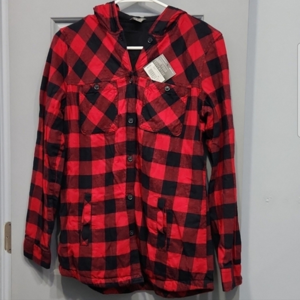NWUT Eddie Bauer Stines Favorite Flannel Black Red Buffalo Check Hoodie Jacket